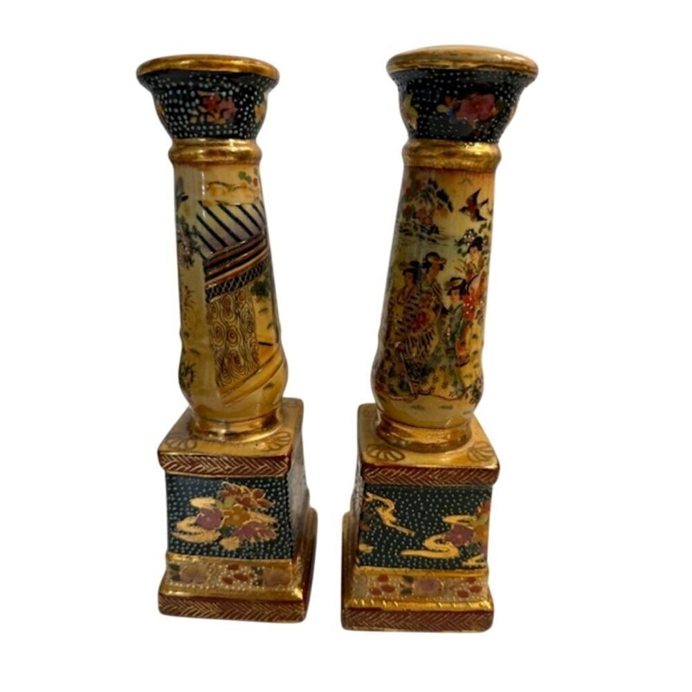 Royal Satsuma Pair Of Candlesticks Circa 1900s 9 1/2" Tall